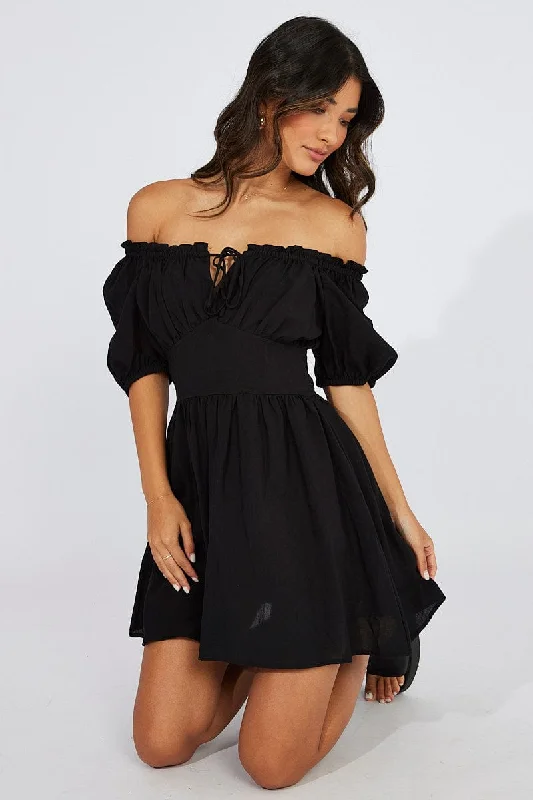 Elite cocktail dress-Black Fit And Flare Dress Corset Waist Mini