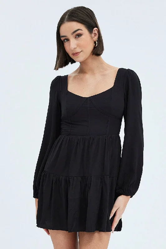 Fiesta fringe dress-Black Fit And Flare Dress Long Sleeve Mini