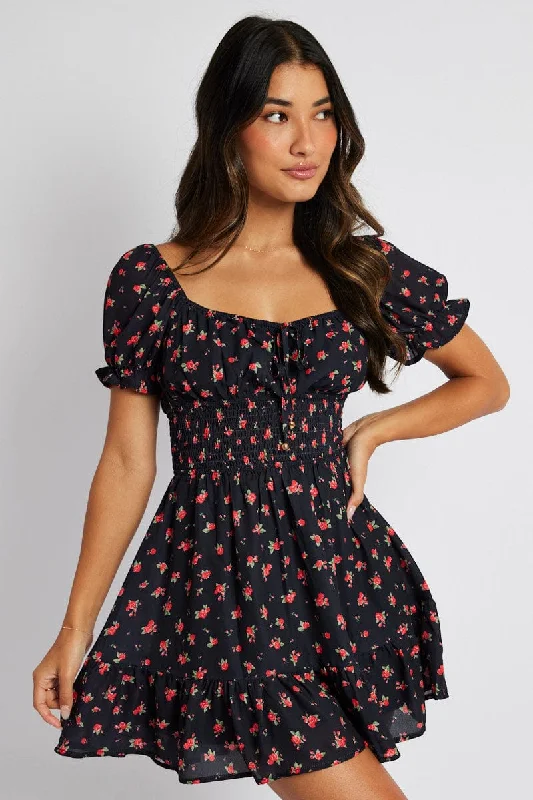 Custom threaded dress-Black Floral Fit And Flare Dress Puff Sleeve Mini