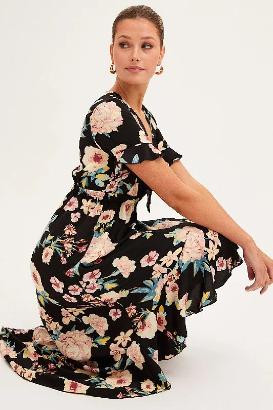 Lustrous slip dress-Black Floral Tie Front Floral Midi Dress