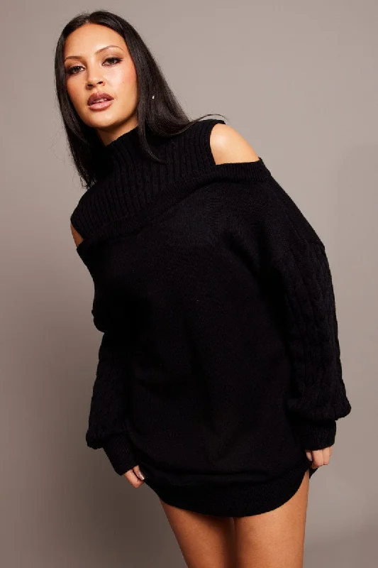 Flowing maternity dress-Black Knit Dress High Neck Jumper Mini