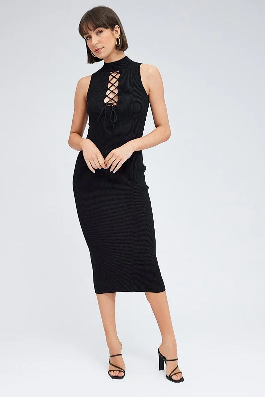 Worn plaid dress-Black Knit Dress High Neck Sleeveless Midi