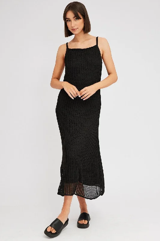 Poplin layered dress-Black Knit Dress Sleeveless Maxi Crochet