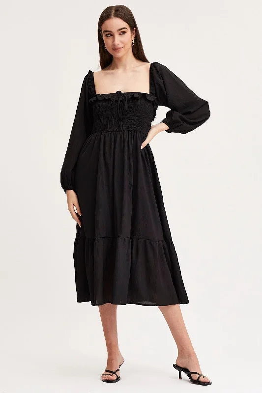 Seed cozy dress-Black Maxi Dress Long Sleeve Square Neck