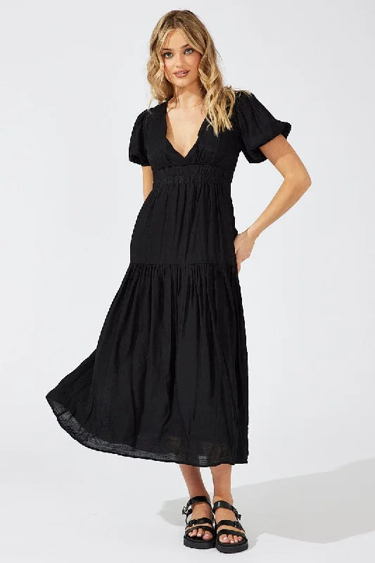 Soft elastic dress-Black Maxi Dress Puff Sleeve