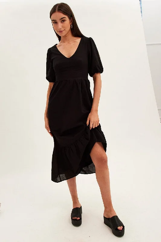 Cool festival dress-Black Maxi Dress V-Neck Short Sleeve Cotton Blend