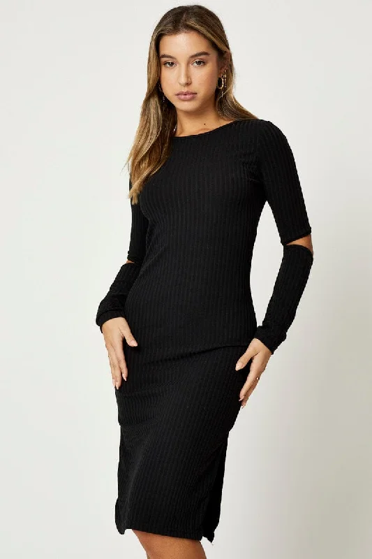 Midnight lace dress-Black Midi Dress Long Sleeve