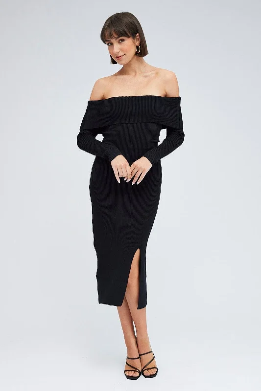 Bolt studded dress-Black Midi Dress Long Sleeve Off Shoulder Bardot Knit