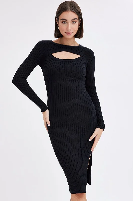 Neat sheath dress-Black Midi Dress Long Sleeve Round Neck Keyhole Rib Knit