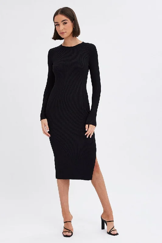 Draped satin dress-Black Midi Dress Long Sleeve Round Neck Rib Knitted