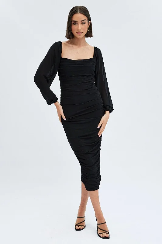 Trail safari dress-Black Midi Dress Long Sleeve Square Neck Ruched Bodycon