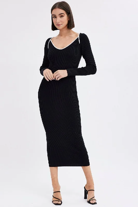 Cerulean deep dress-Black Midi Dress Long Sleeve Sweetheart Contrast Bind