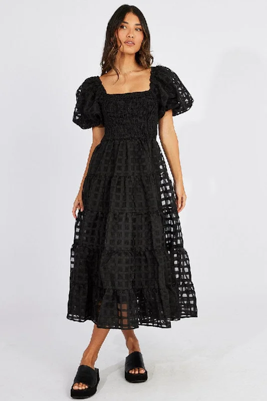 Adorable bubble dress-Black Midi Dress shirred Bust Puff Sleeve