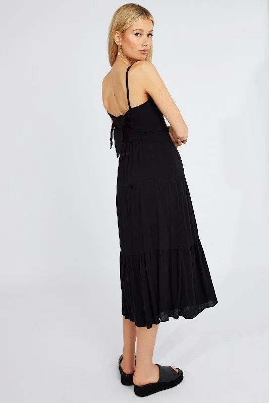 Gathered mini dress-Black Midi Dress Sleeveless Shirred Tie Back