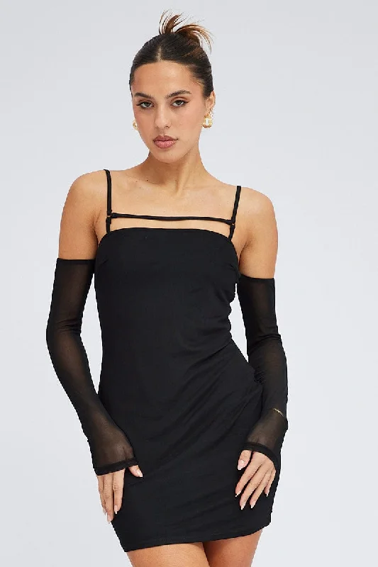 Bleach-dye festival dress-Black Mini Dress Long Sleeve Cold Shoulder Bodycon Mesh