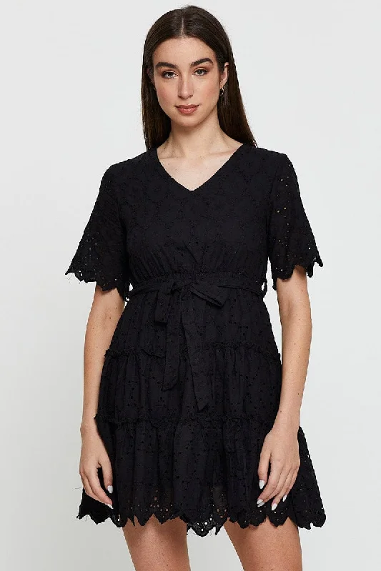 Bubble boho dress-Black Mini Dress Short Sleeve