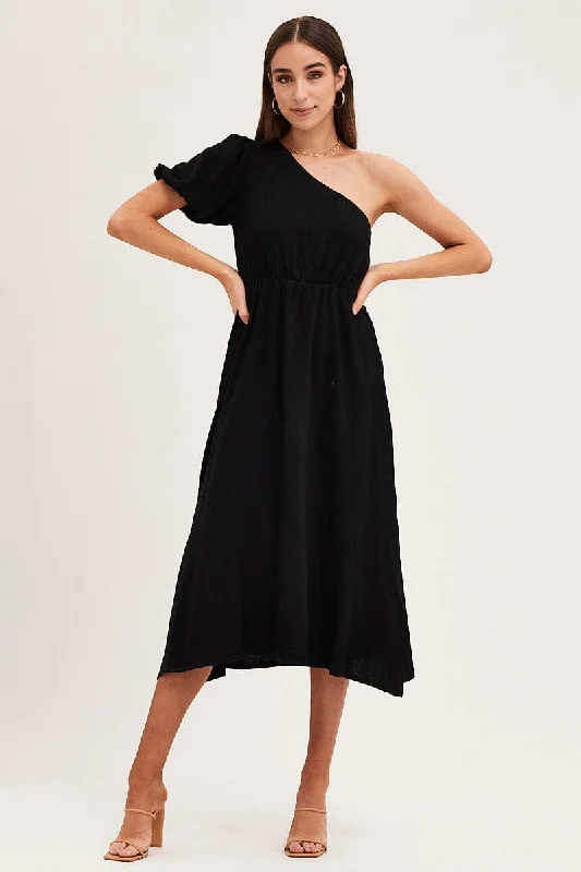 Scallop elegant dress-Black One Shoulder Midi Dress