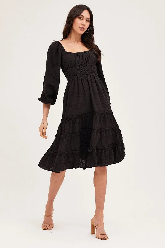 Knotted handmade dress-Black Ruffle Midi Dress