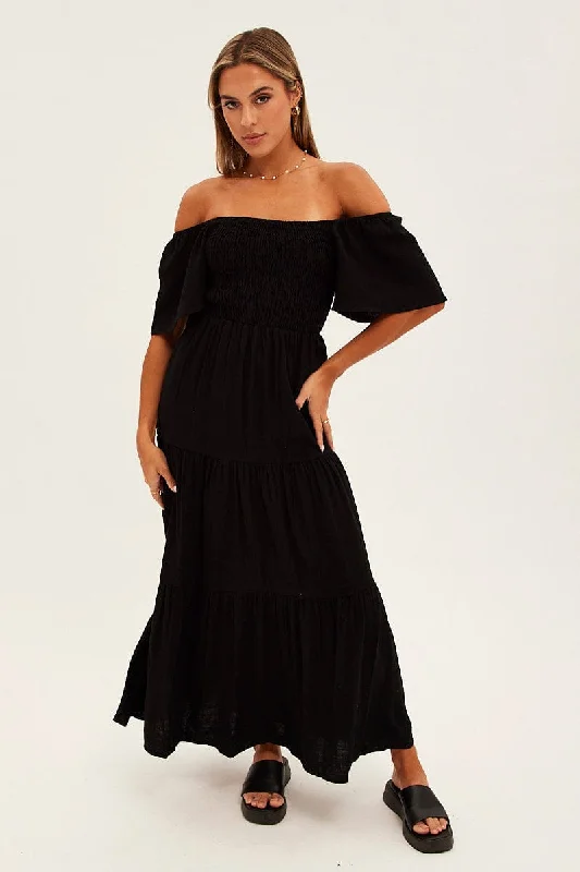 Muslin pleated dress-Black Shirred Bell Sleeve Midi Dress