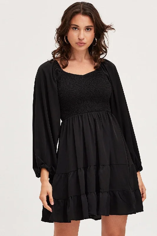 Lined prism dress-Black Shirred Dress Long Sleeve Mini