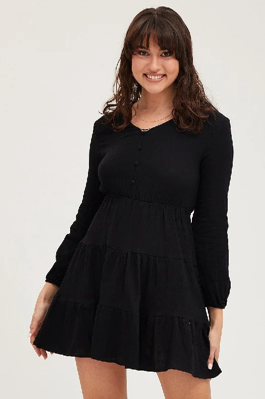 Diamond school dress-Black Skater Dress Long Sleeve Mini