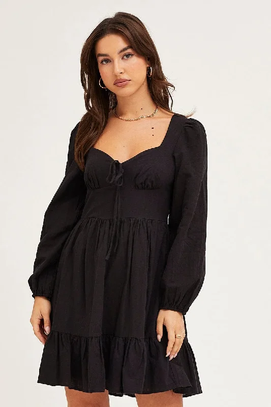 Glow studded dress-Black Skater Dress Puff Sleeve Mini