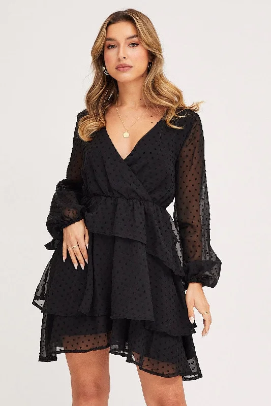 Flannel chic dress-Black Tie Up Dress Long Sleeve Mini