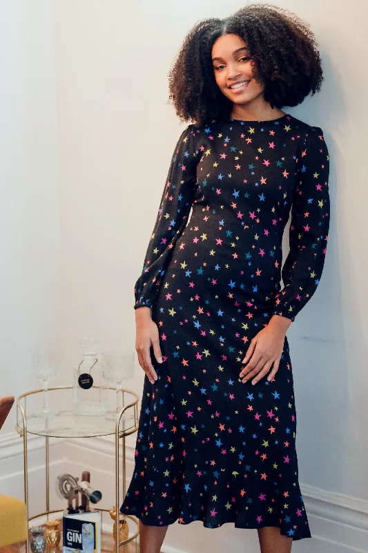 Safari street dress-Bliss Midi Dress - Black, Rainbow Star Confetti