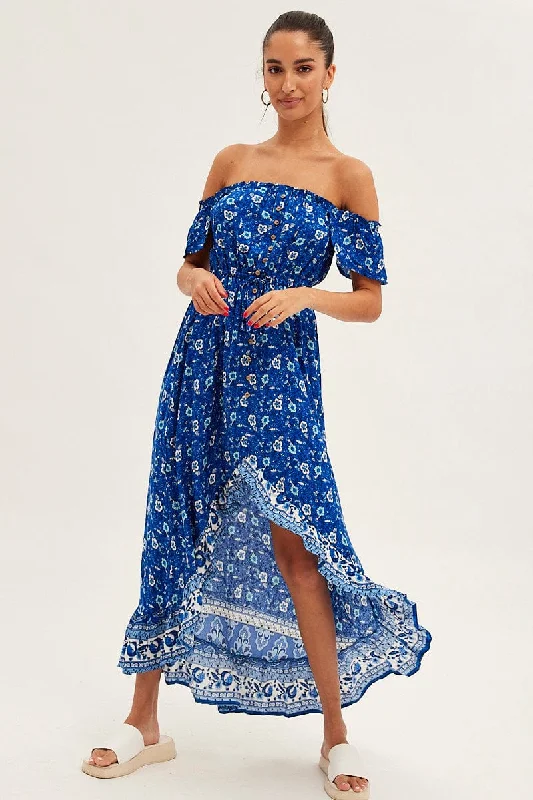 Faint ikat dress-Blue Boho Midi Dress Short Sleeve Ruffle