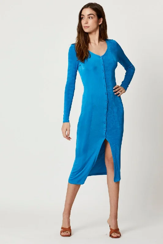 Retro drop-waist dress-Blue Button Front Slinky Midi Dress