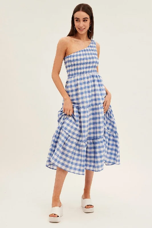 Stay cozy dress-Blue Check Midi Dress One Shoulder Shirred