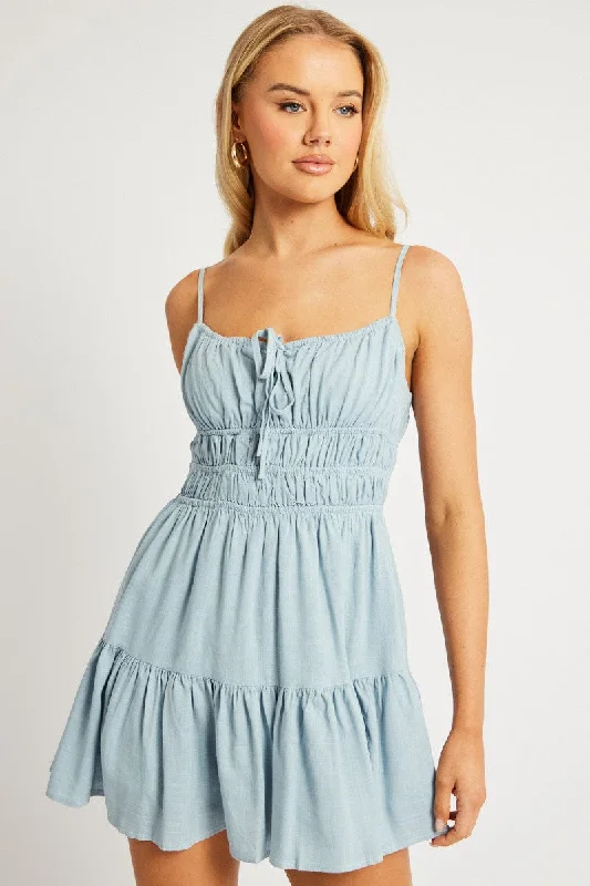 Raw cotton dress-Blue Fit And Flare Dress Mini