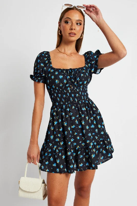 Shell gold dress-Blue Floral Fit And Flare Dress Puff Sleeve Mini