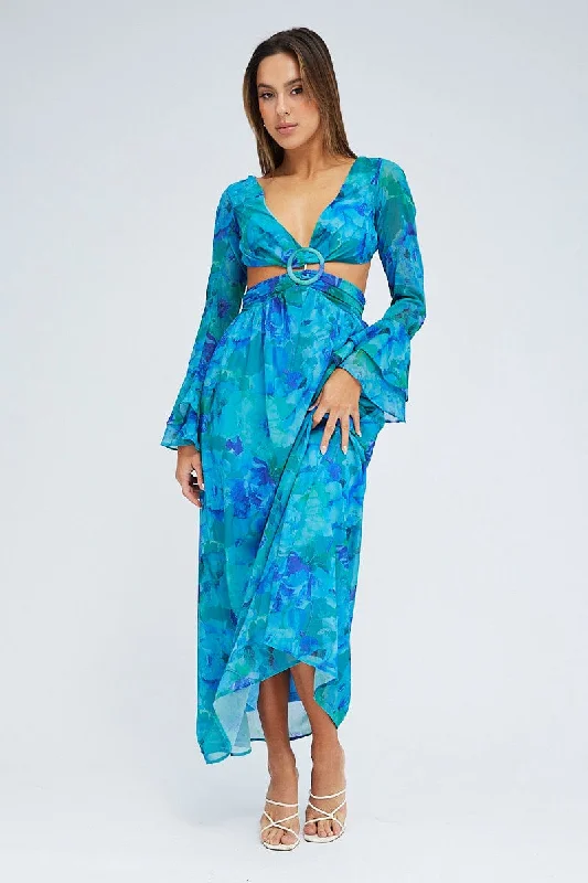 Fiesta tie-dye dress-Blue Floral Maxi Dress Flared Sleeve Ring Detail Chiffon