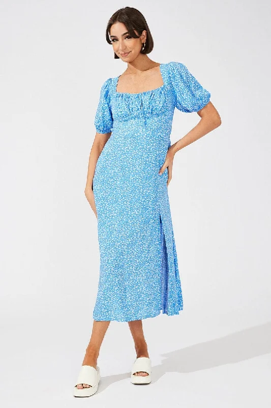 40 text-muted dress-Blue Floral Midi Dress Puff Sleeve Midi