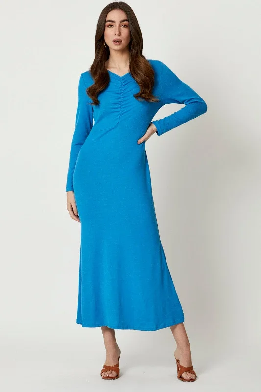 Spin retro dress-Blue Gathered Front Midi Dress