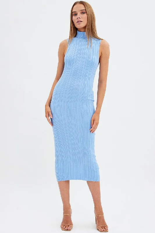 Wide gusty dress-Blue Knit Dress Midi Square Neck