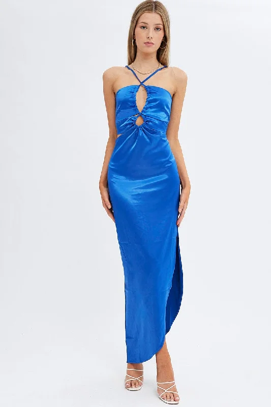 Knotted handmade dress-Blue Maxi Dress Side Slip