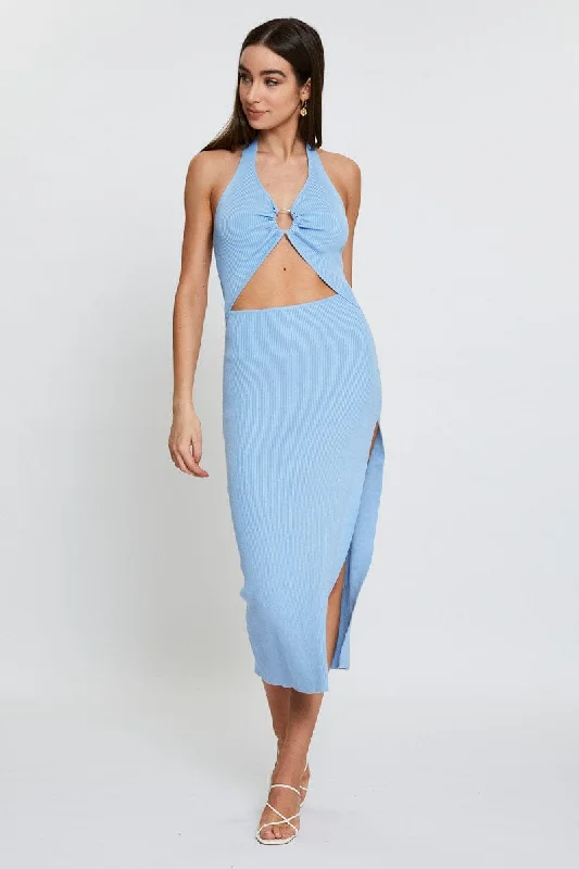 Soft-fade summer dress-Blue Midi Dress Knit