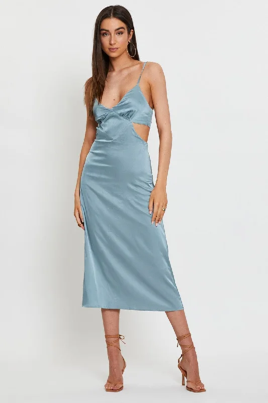 Slinky date dress-Blue Midi Dress Satin