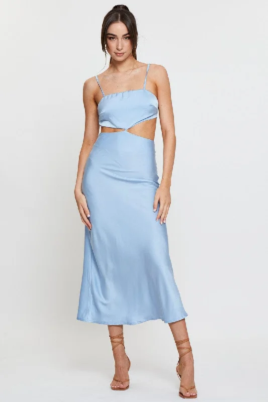 Breeze island dress-Blue Midi Dress Satin