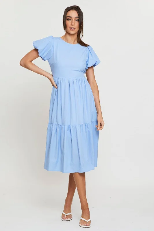 Frilled ruffle dress-Blue Midi Dress Short Sleeve Round Neck