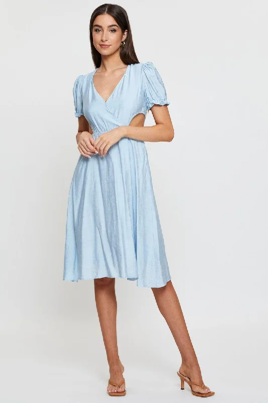 Tiered tropical dress-Blue Midi Dress Short Sleeve V Neck