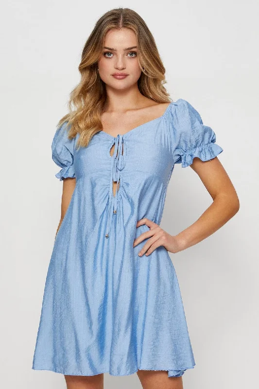 Cinched-waist empire dress-Blue Mini Dress Short Sleeve