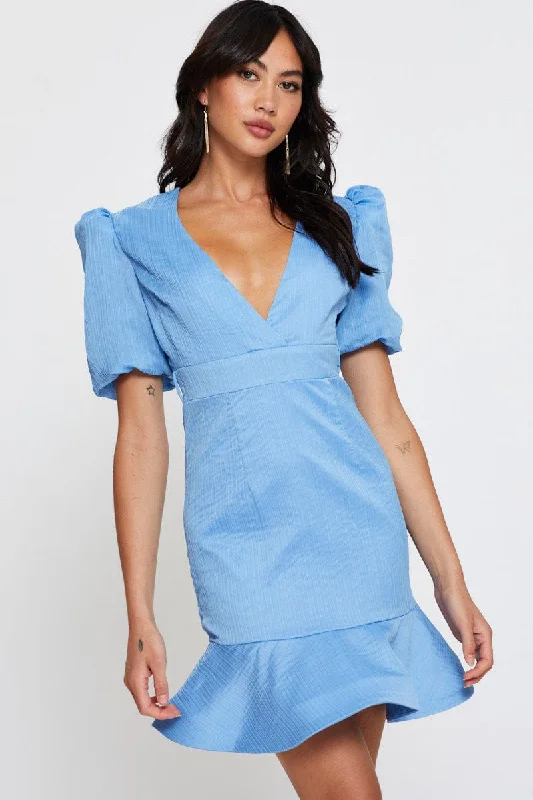 Dappled sundress-Blue Mini Dress V Neck