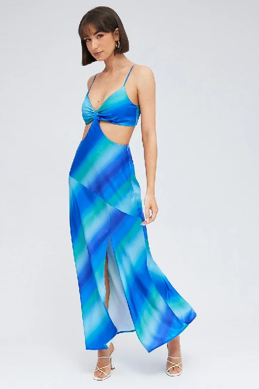 Rest flowing dress-Blue Print Strappy Dress Maxi Ombre Cut Out Satin