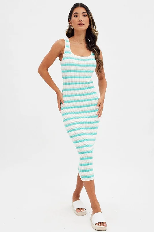 Holographic shimmer dress-Blue Stripe Knit Dress Midi Square Neck