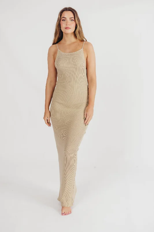 Frilly spin dress-Mia Knit Maxi Dress with Boatneck Neckline in Beige