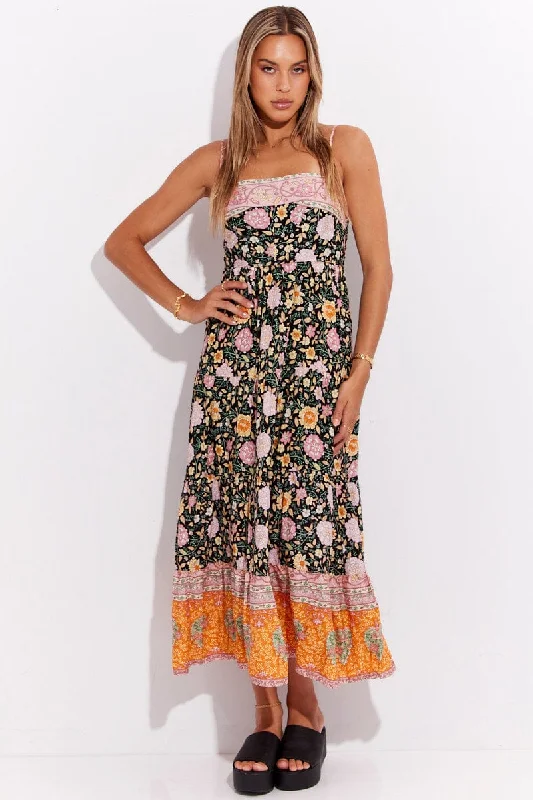 Cozy fleecy dress-Boho Print Boho Sleeveless Shirred Back Tiered Maxi Dress