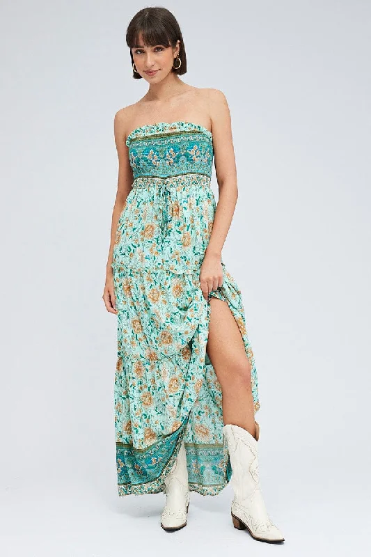 Simple drawstring dress-Boho Print Maxi Dress Bandeau Sun Dress